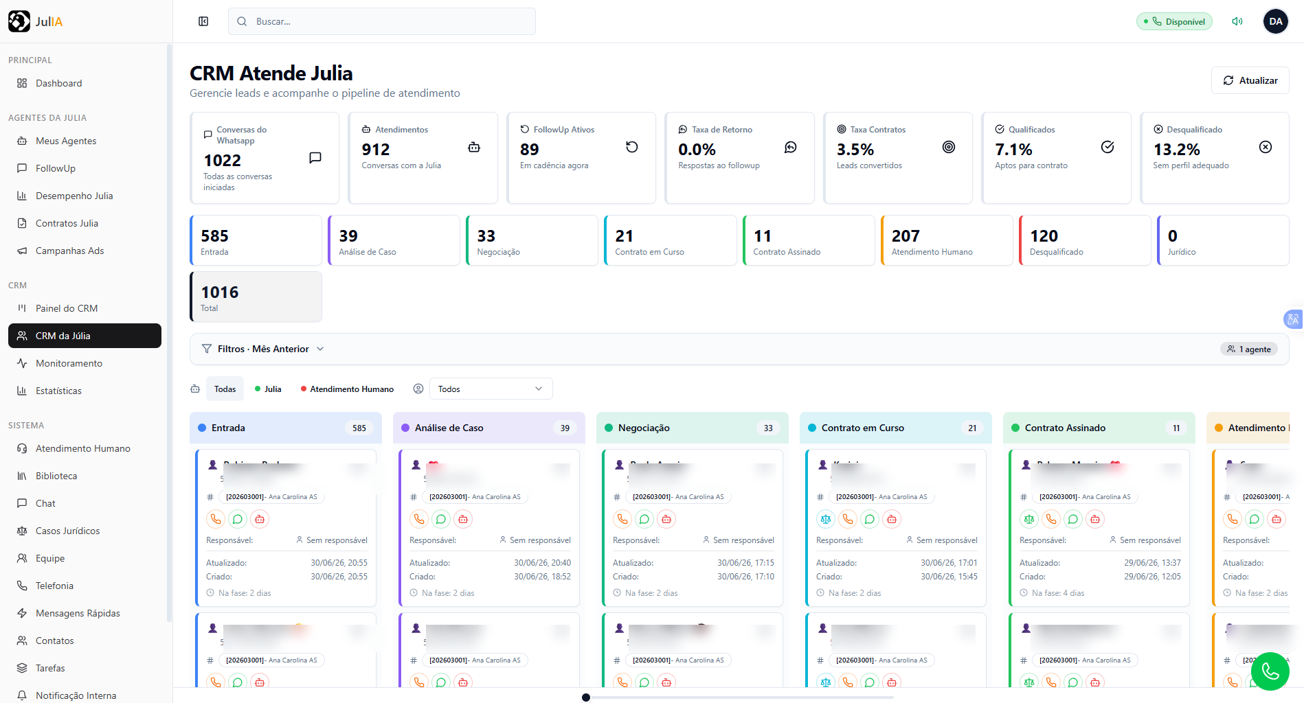 CRM da Atende Julia com pipeline de atendimento